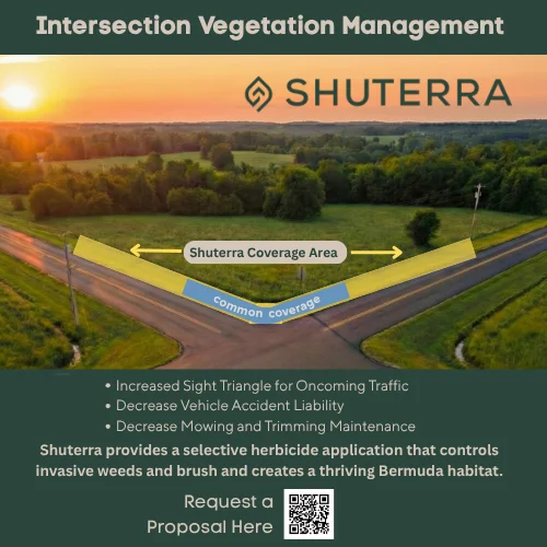 Shuterra intersection coverage illustration: treatment extends farther along each road approach than the short area immediately beside the intersection.
