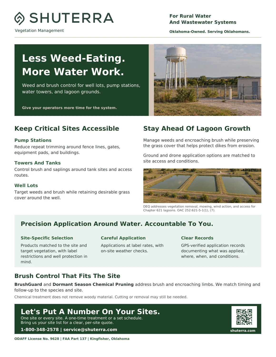 Preview of Shuterra’s rural water and wastewater brochure, featuring well lots, pump stations, water towers and lagoon grounds.