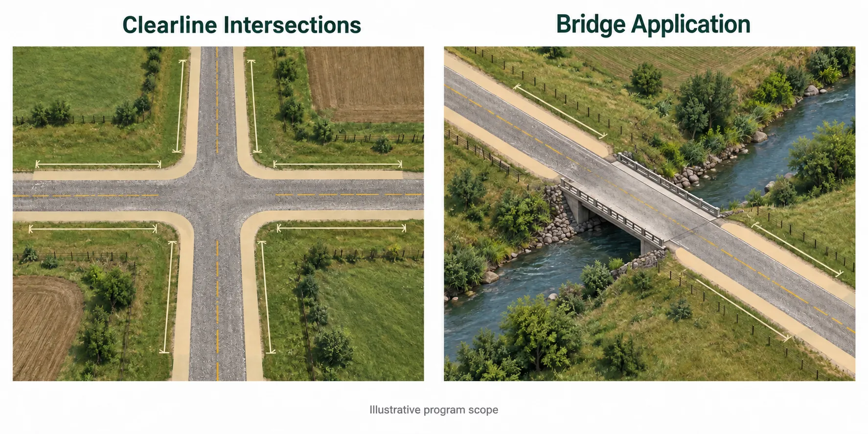 Illustration comparing roadside treatment along intersection approaches with treatment along the road approaching a bridge