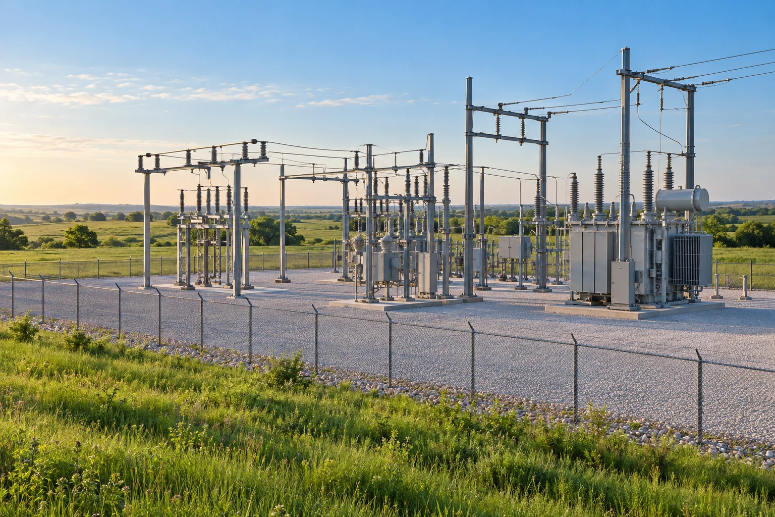 Illustrative electrical substation with a clear gravel yard and fenced perimeter.