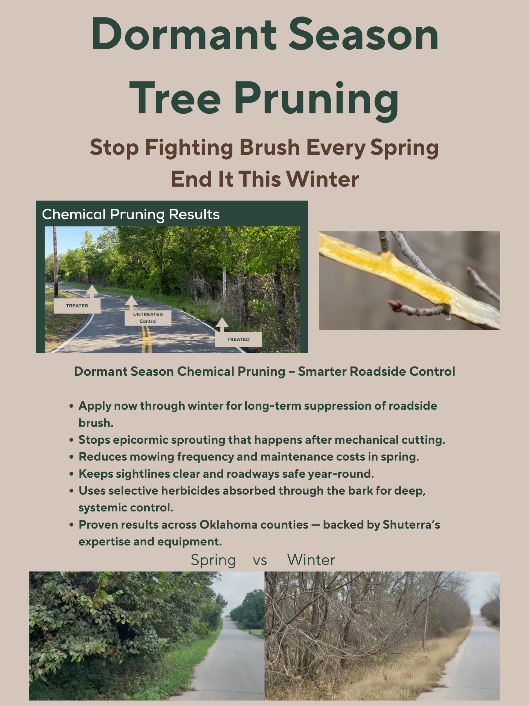 Shuterra Dormant Season Tree Pruning brochure with program benefits, a labeled roadside treatment photograph, and spring and winter vegetation views. Open to read the full brochure.